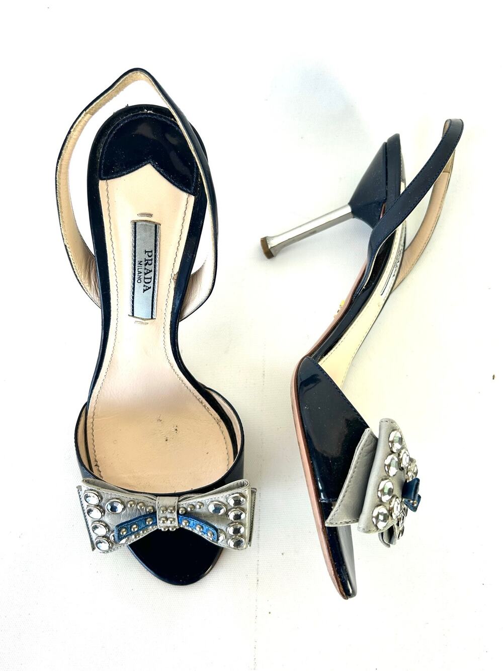 Vintage Y2K Prada Leather Crystal Bow Slingback Heels Navy Blue 37 Rhinestone 7